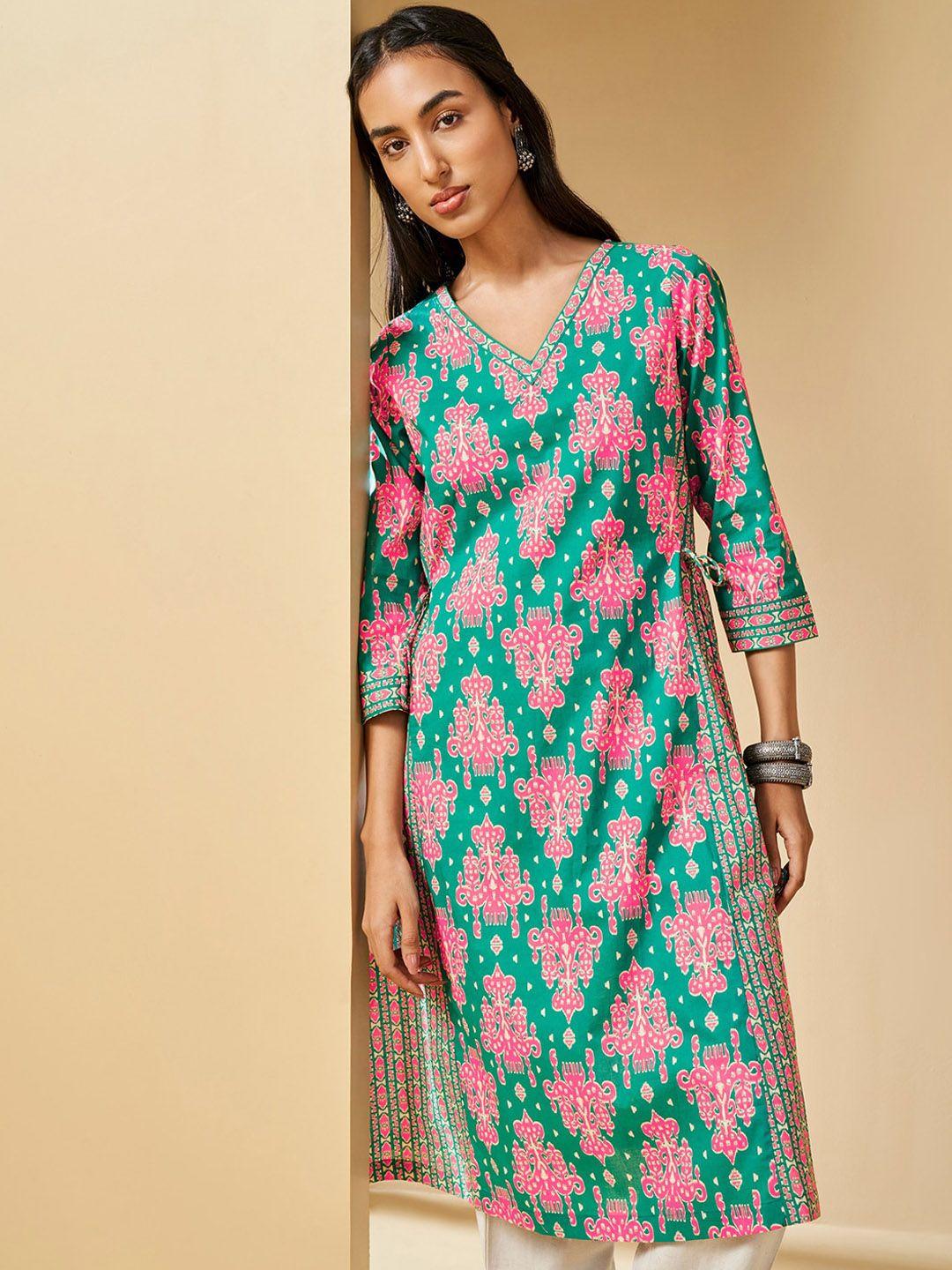 global desi women printed flared sleeves sequinned kurta