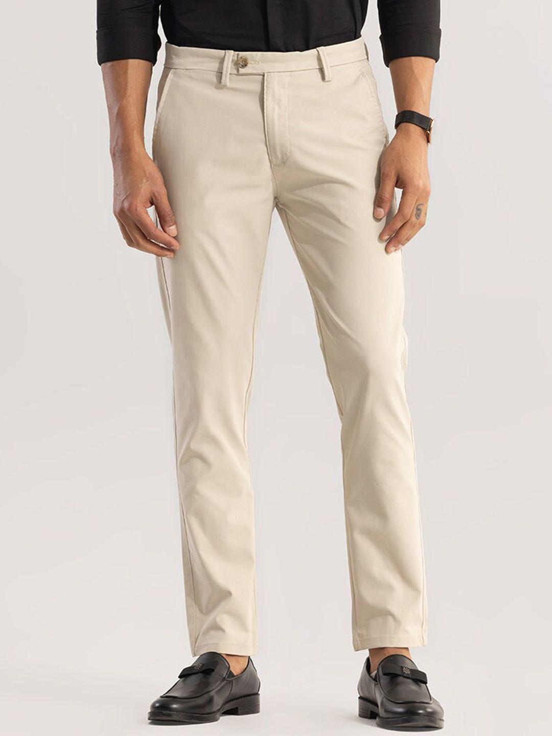 snitch men cream coloured smart slim fit cotton formal trousers