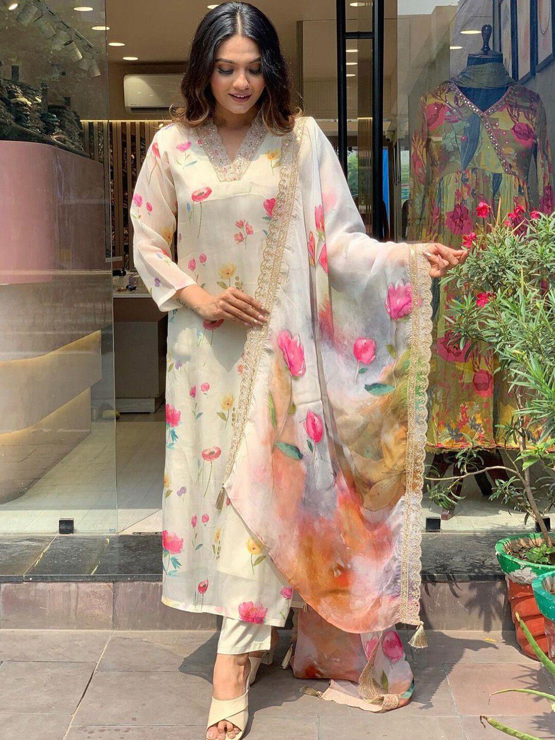 kalini floral printed sequinned straight kurta with trouser & dupatta