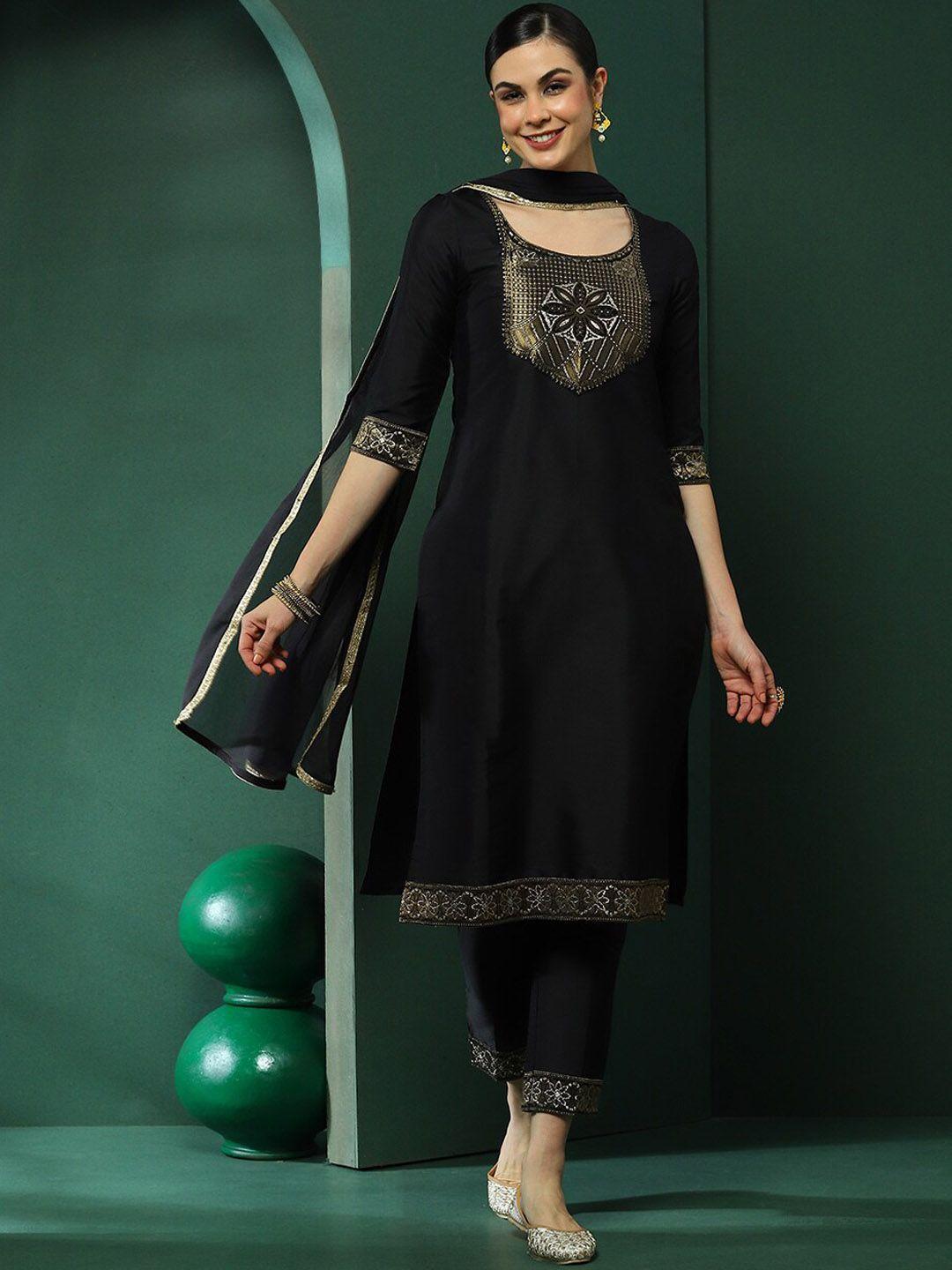 aks couture floral yoke design zari kurta with trouser & dupatta