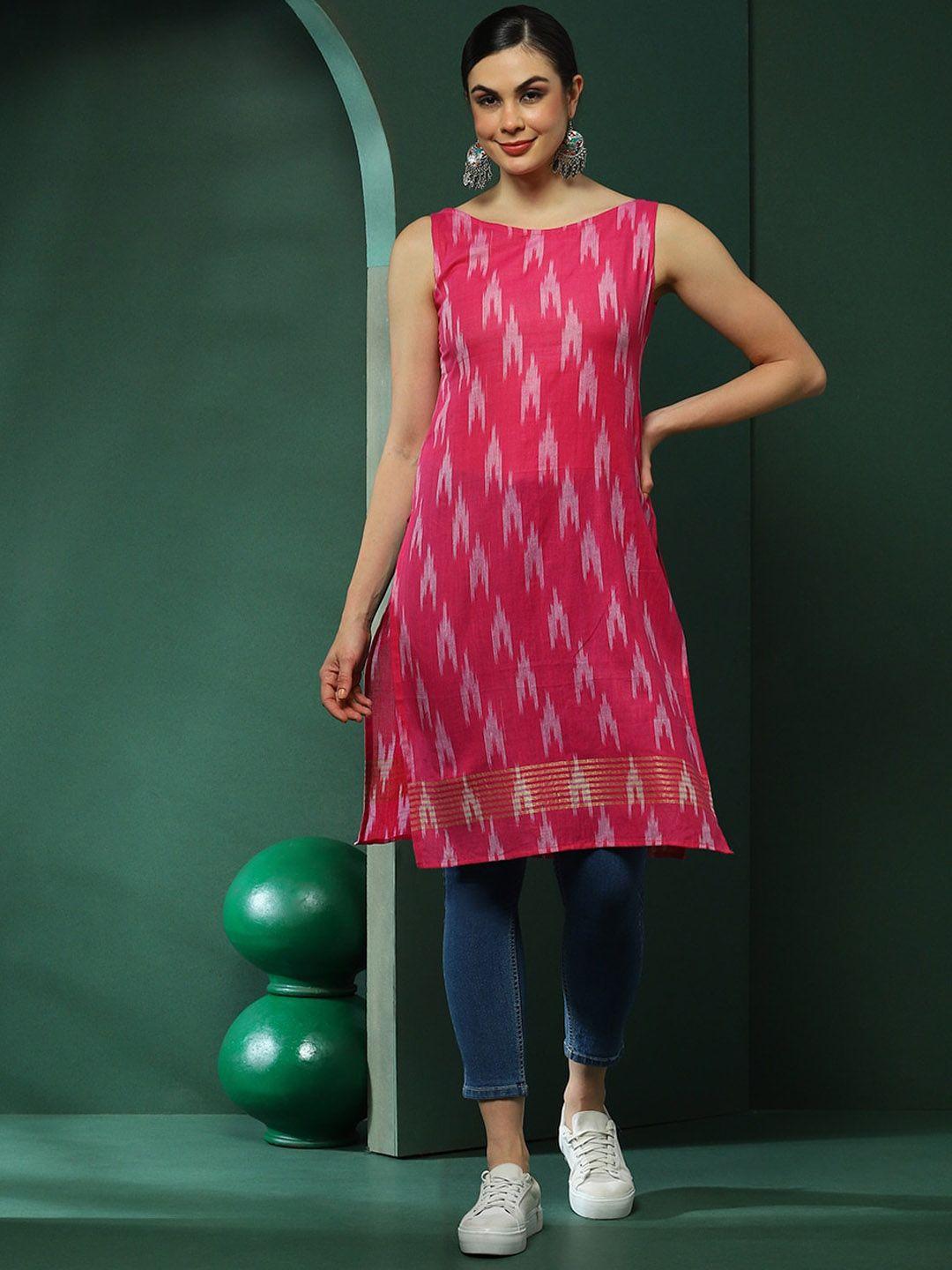 aks ethnic motifs printed boat neck sleeveless cotton straight kurta