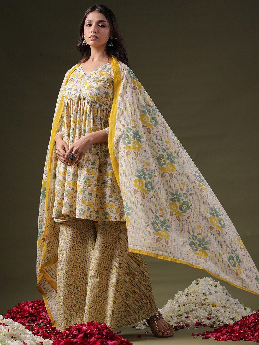 indo era floral printed empire gotta patti pure cotton kurta with sharara & dupatta