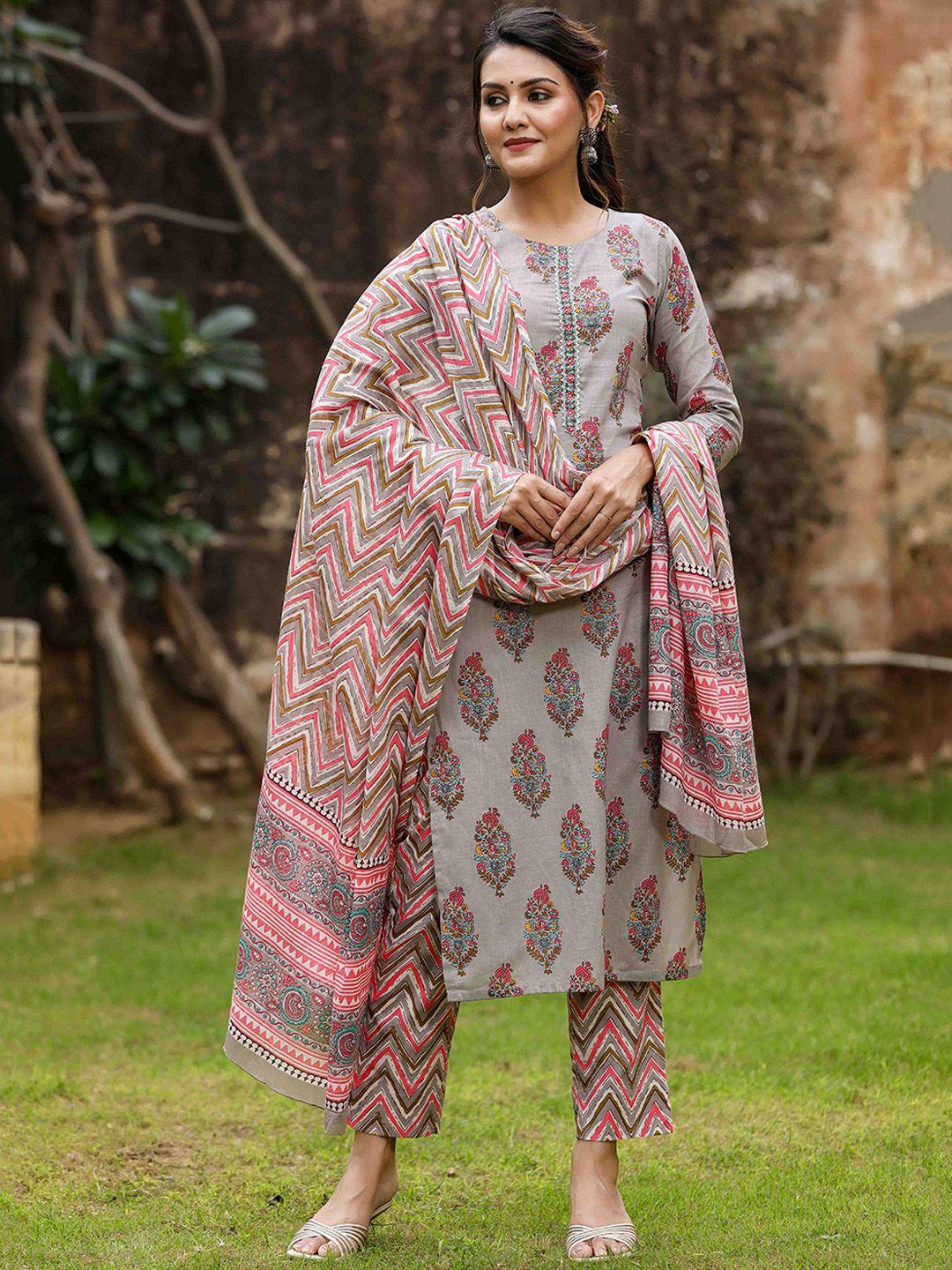 ahika women floral printed regular kurta with trousers & with dupatta