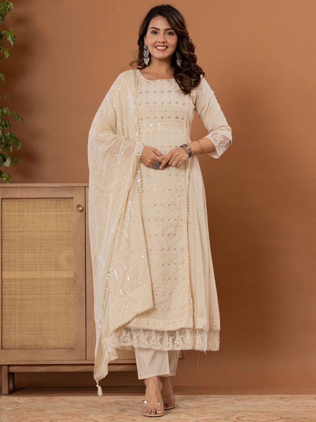 varanga floral thread & mirror embroidered panelled anarkali kurta with trousers & dupatta