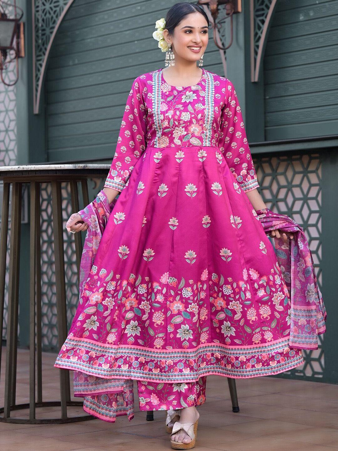 the kapas floral printed flared sequinned anarkali kurti with trousers & dupatta