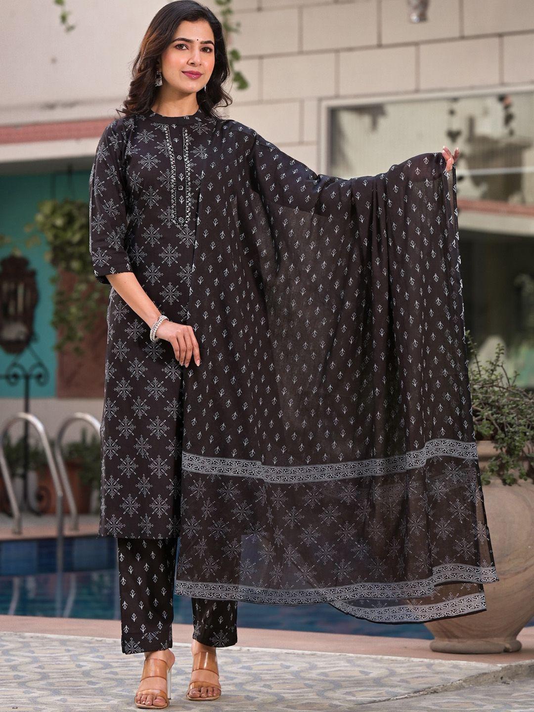 the kapas printed band collar pure cotton straight kurti with trousers & dupatta