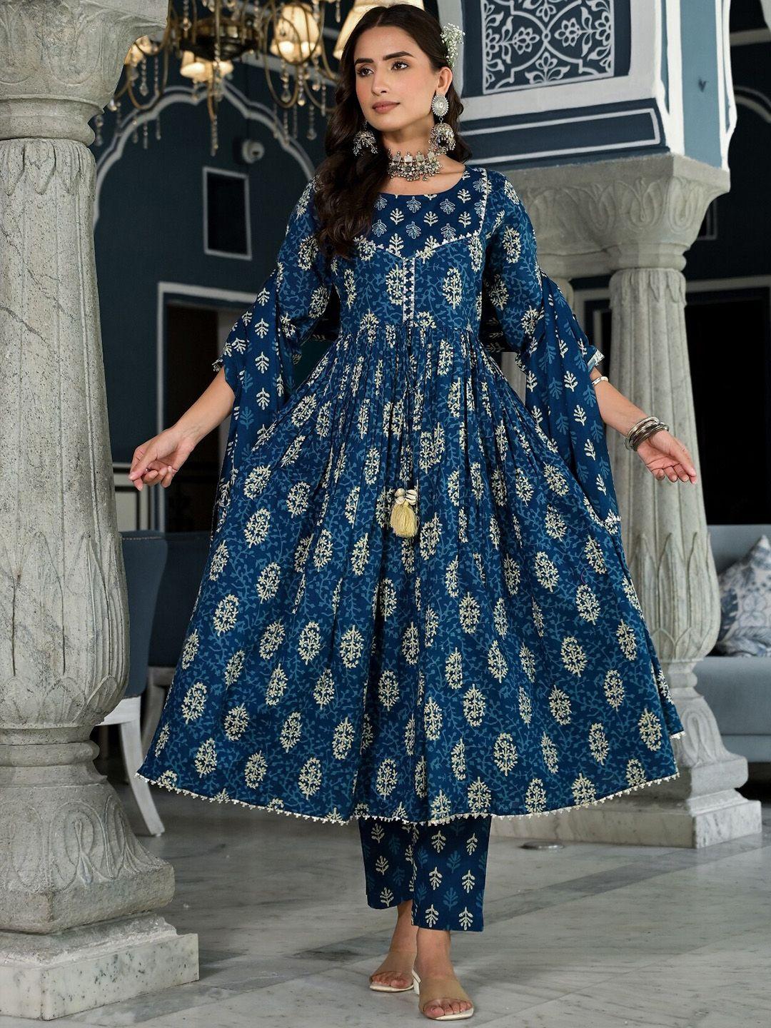 the kapas floral printed regular gotta patti pure cotton kurti with trousers & dupatta