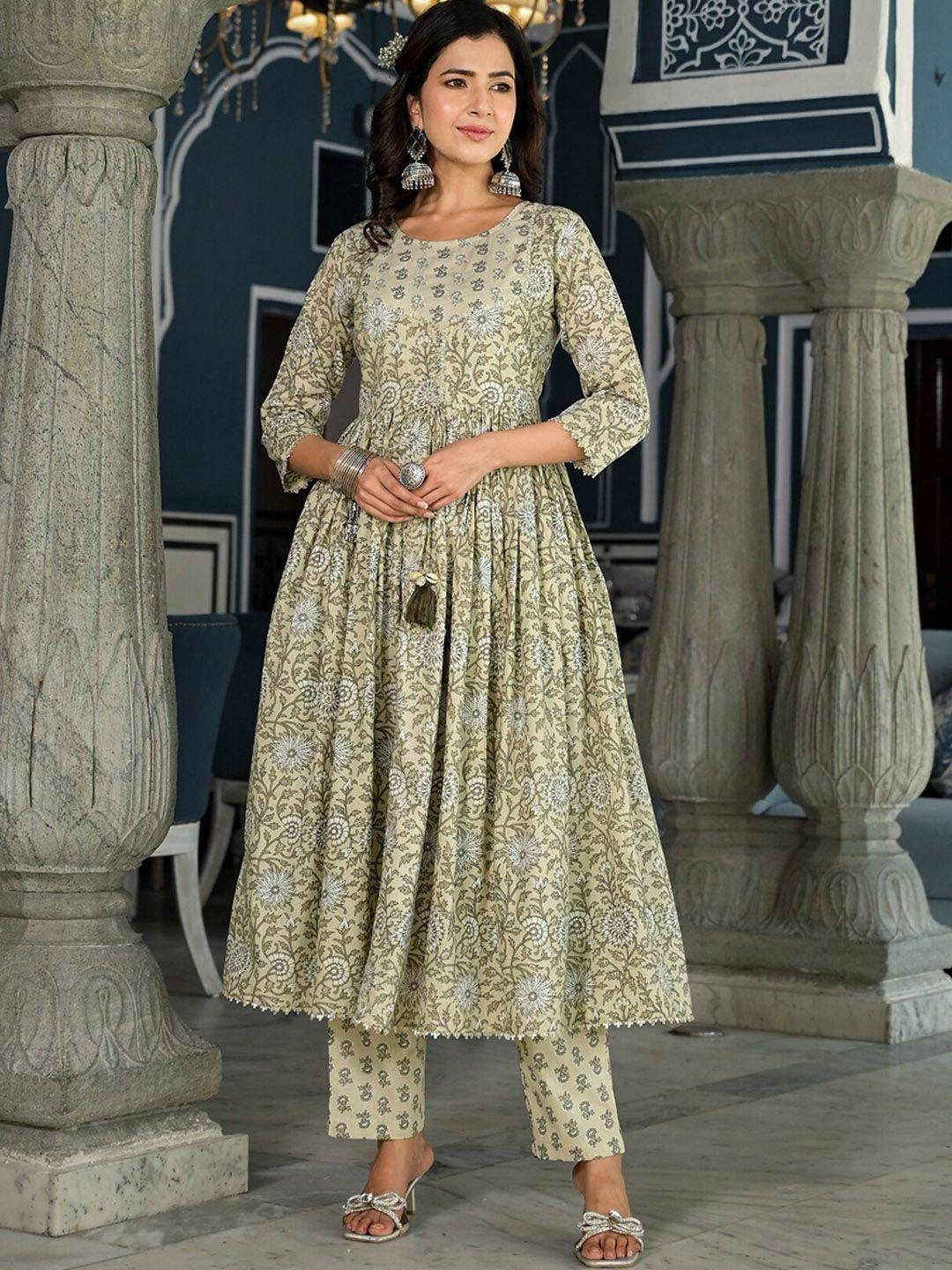 the kapas floral printed sequinned pure cotton kurta with trouser & dupatta