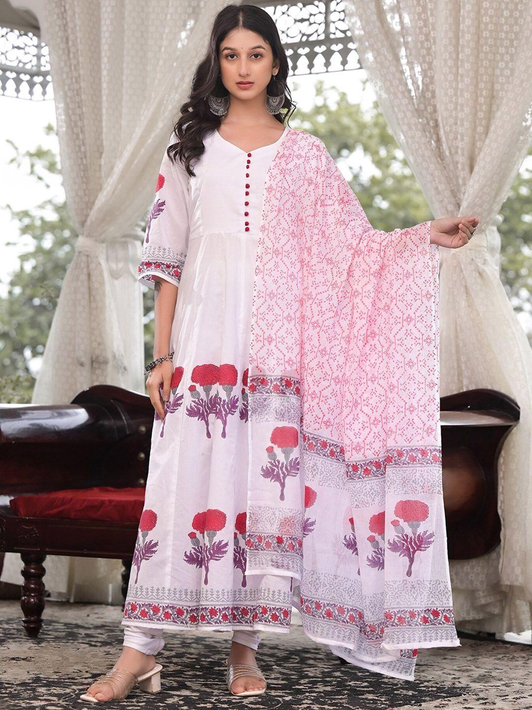 the kapas floral printed pure cotton flared anarkali kurti with churidar & dupatta