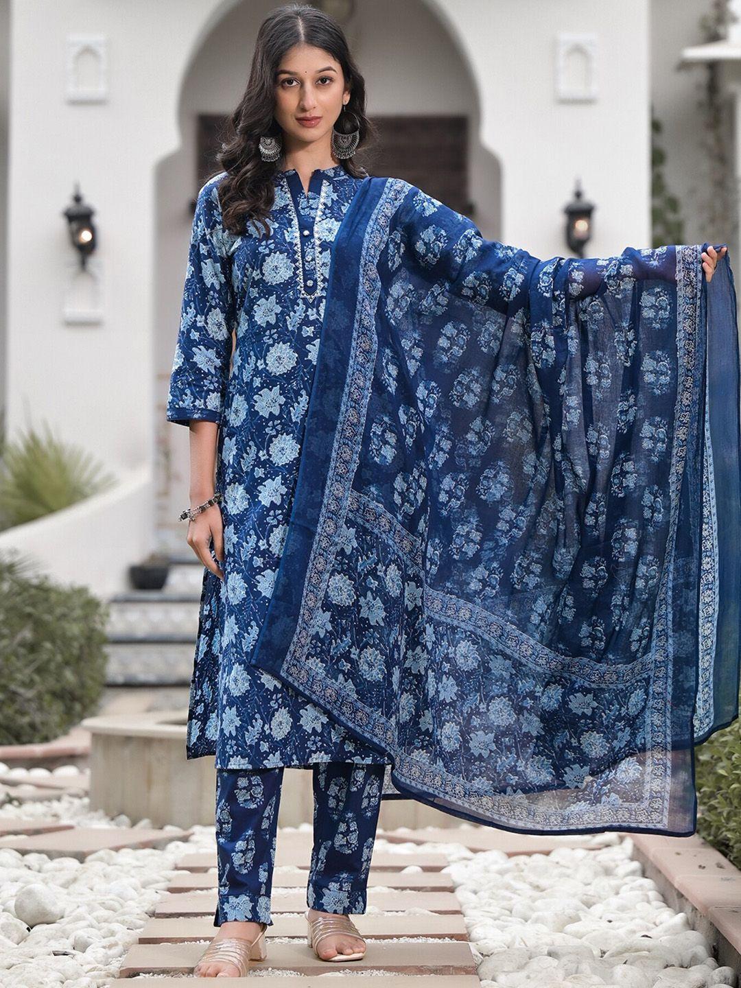 the kapas floral printed regular pure cotton kurti with trousers & with dupatta