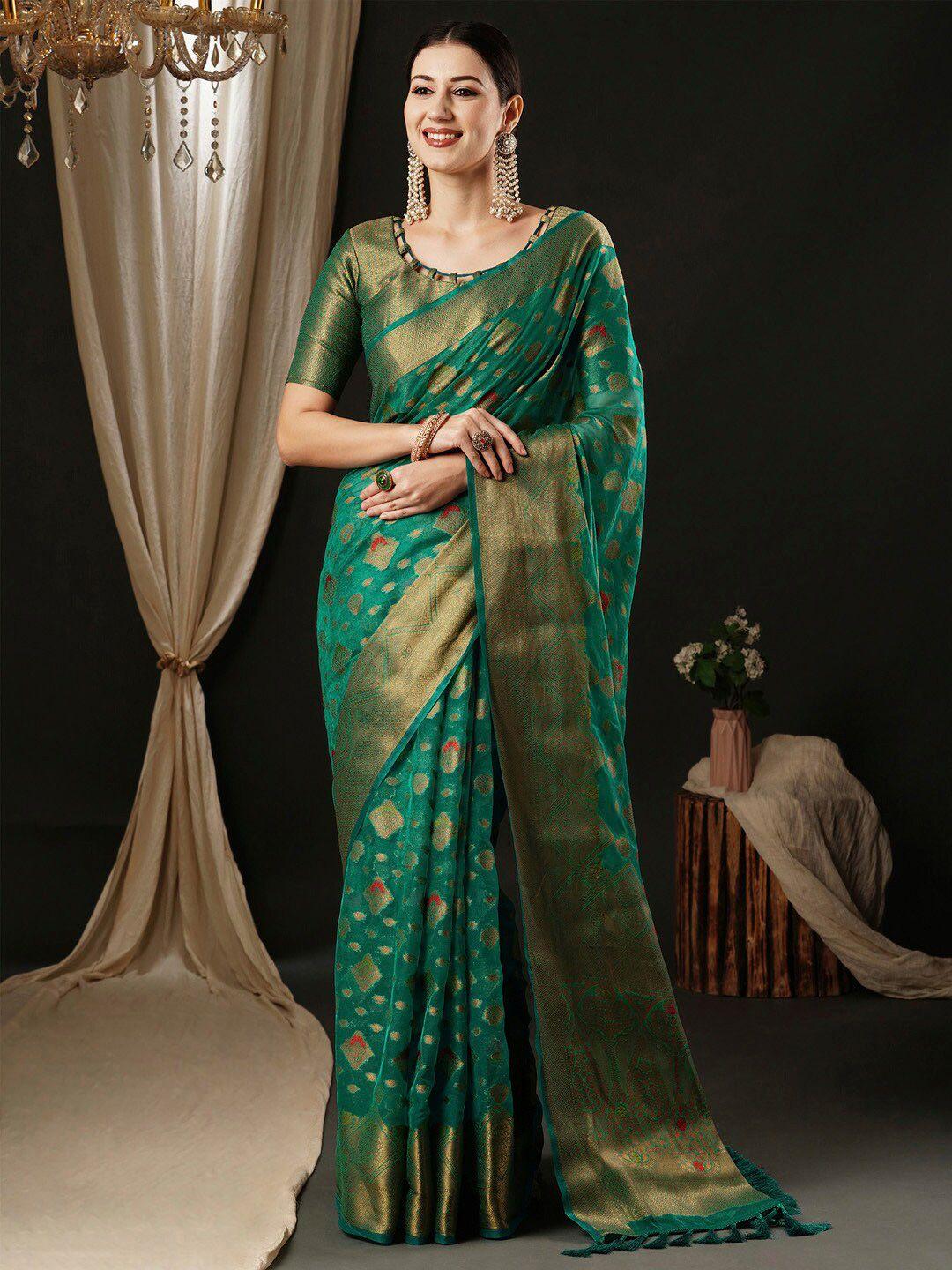 anouk green ethnic motifs woven design zari banarasi saree