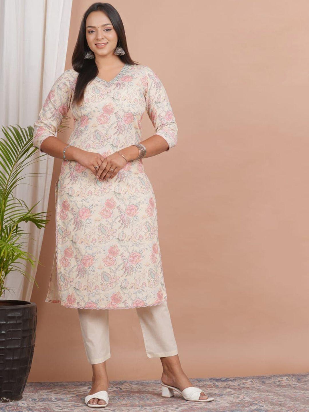 advya women floral printed regular linen kurta with trousers