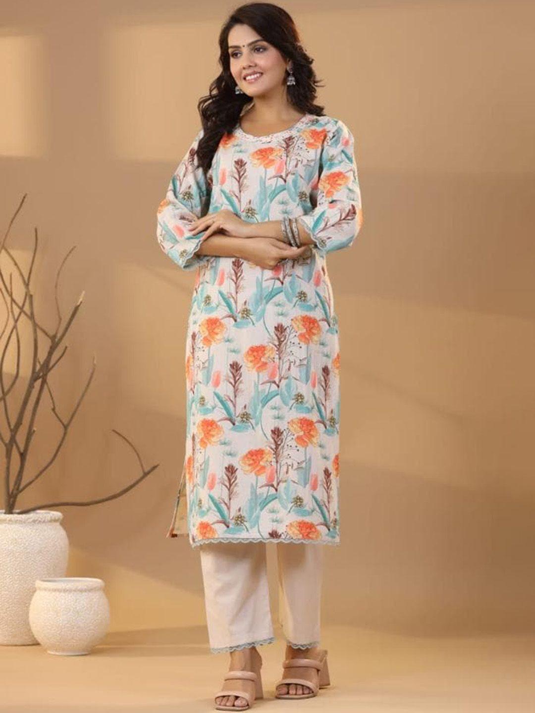 advya women floral printed regular linen kurta with trousers