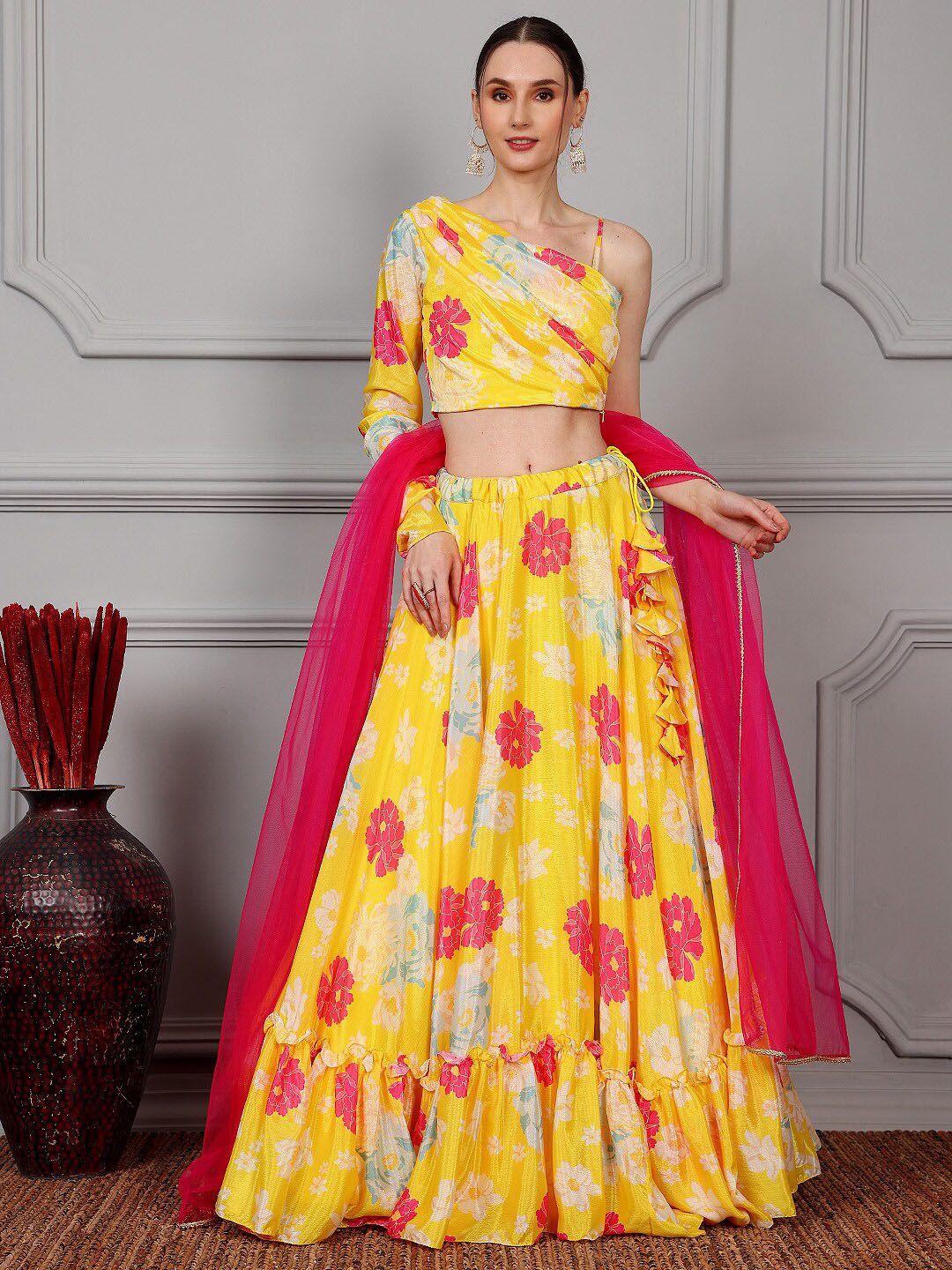 ethnovog one shoulder printed ready to wear lehenga & blouse with dupatta