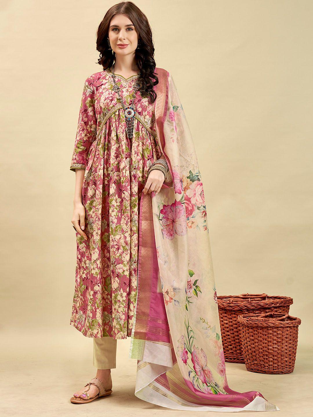 anouk women floral printed empire kurta with trousers & with dupatta