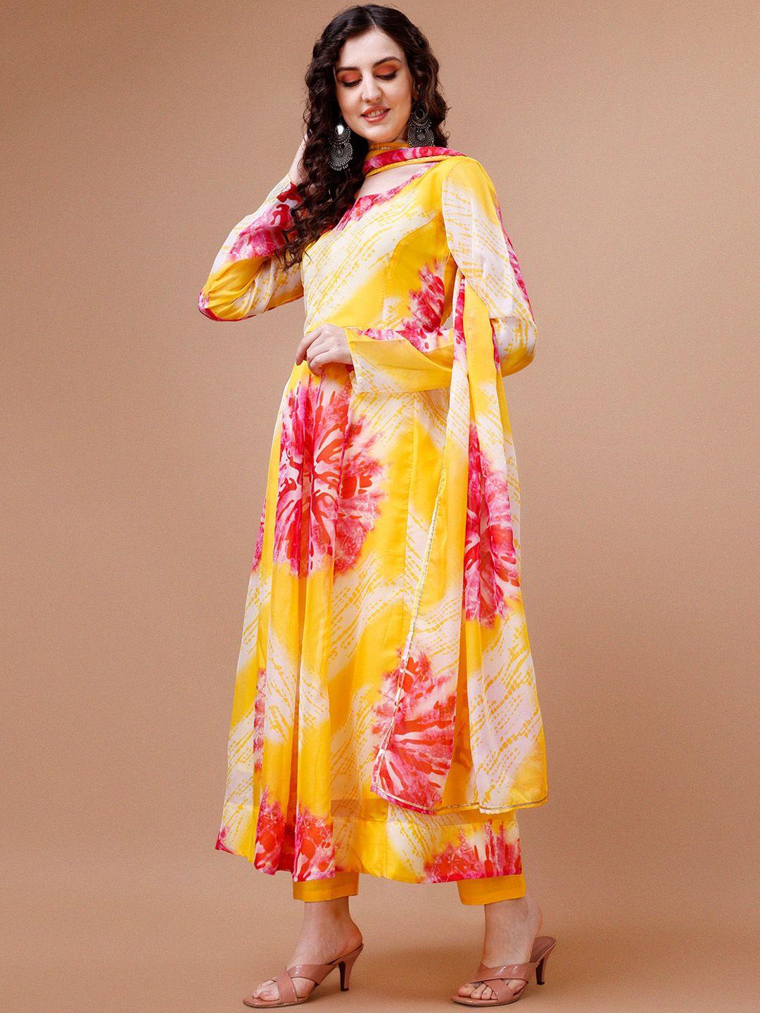 hetvi creation floral printed dyed round neck long sleeves organza kurta set