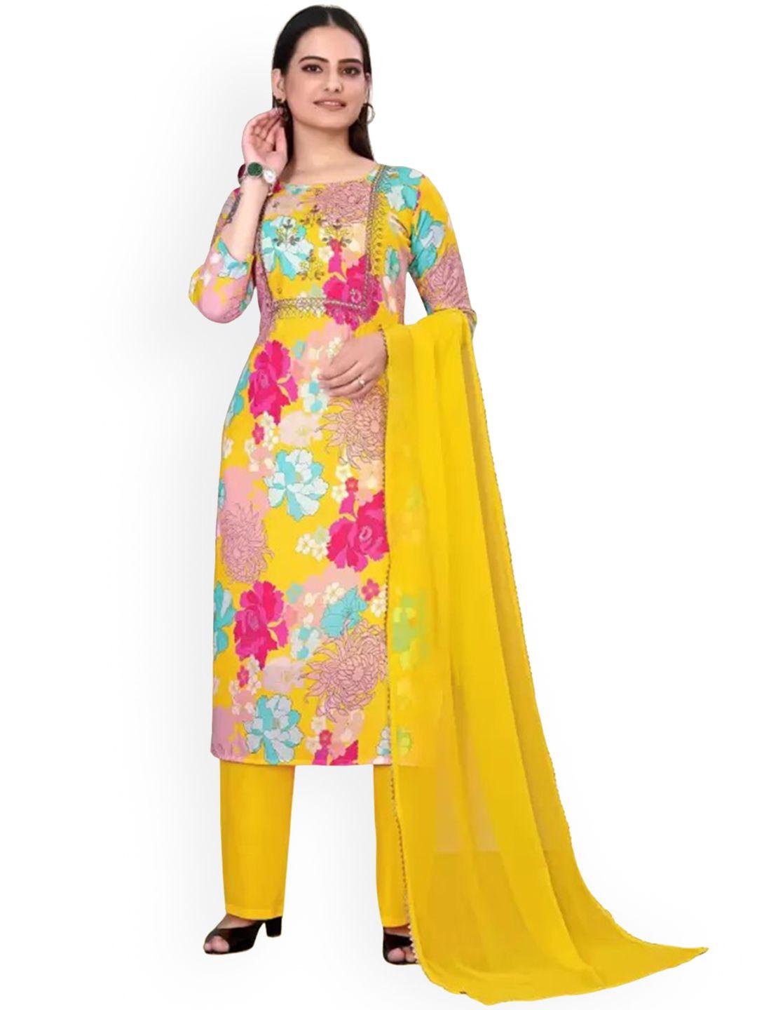 hetvi creation floral printed round neck three-quarter sleeves a-line kurta set