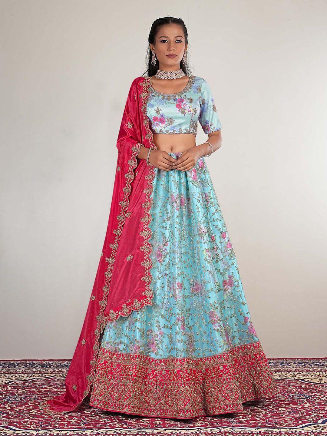 halfsaree studio embroidered semi-stitched lehenga & unstitched blouse with dupatta