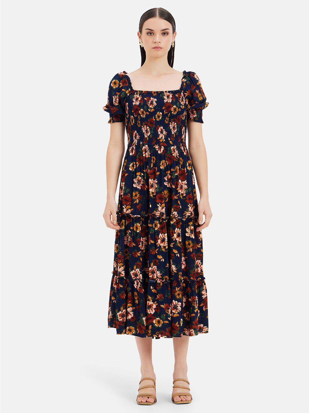 kazo floral print puff sleeve cotton  fit & flare midi dress