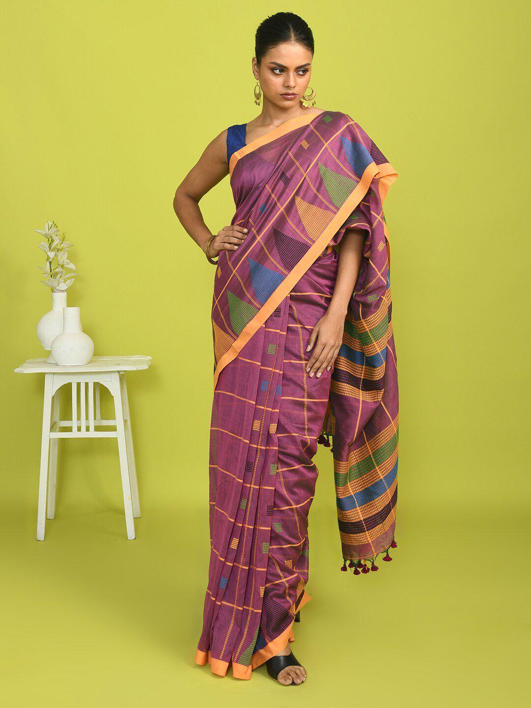 indethnic geometric woven design pure cotton jamdani saree