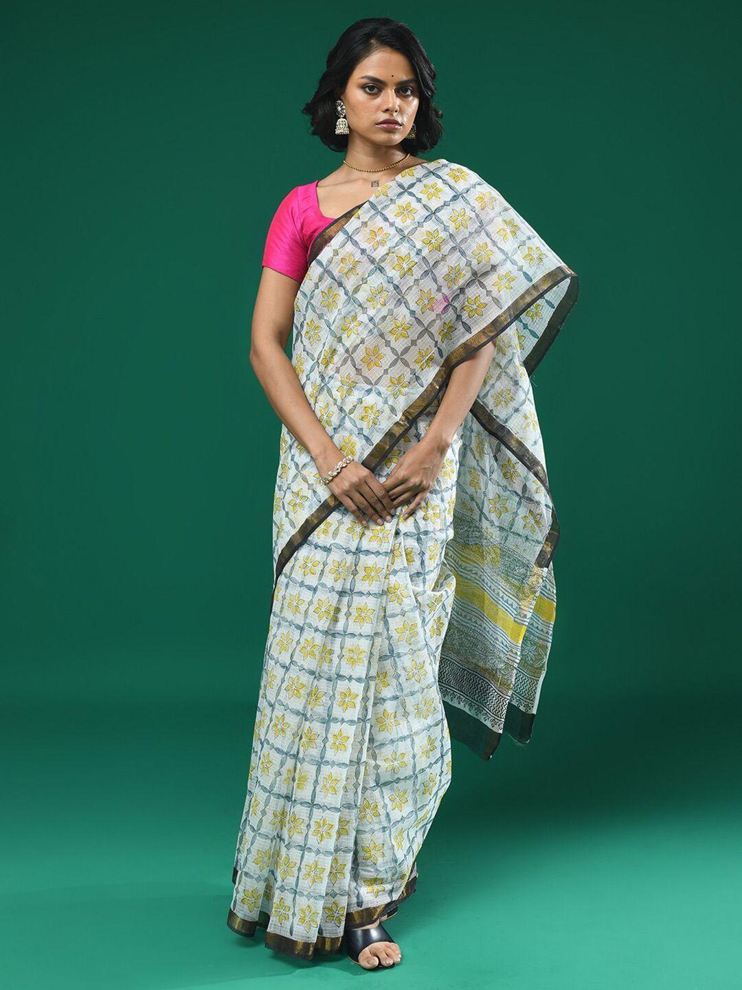 indethnic floral printed zari silk cotton bagru saree