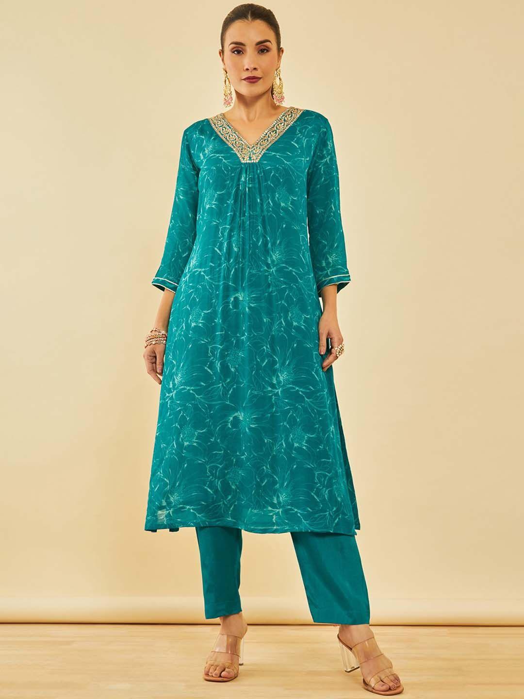 soch teal green floral printed thread work straight kurta with trousers & dupatta