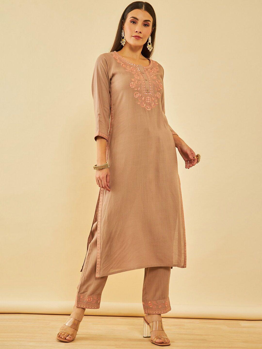 soch brown floral yoke design thread work straight kurta with trousers