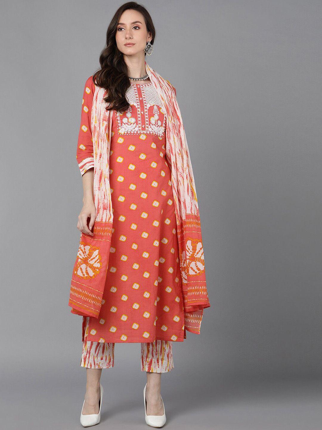 kalini bandhani printed regular thread work pure cotton kurta with trousers & dupatta