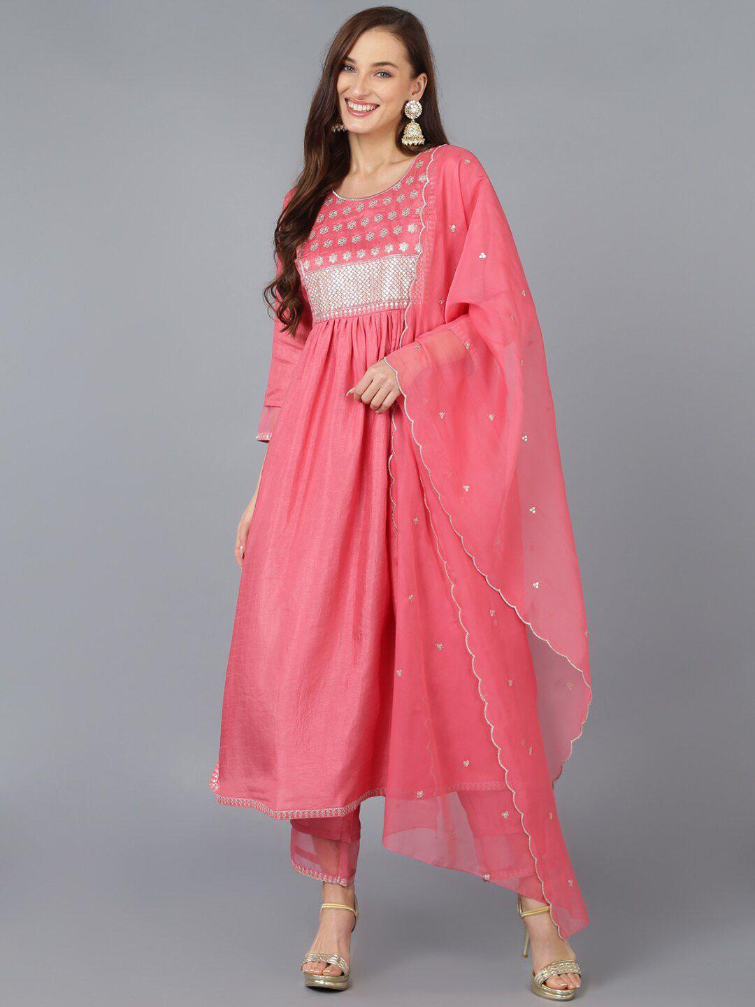 kalini floral embroidered empire sequinned kurta with trousers & dupatta