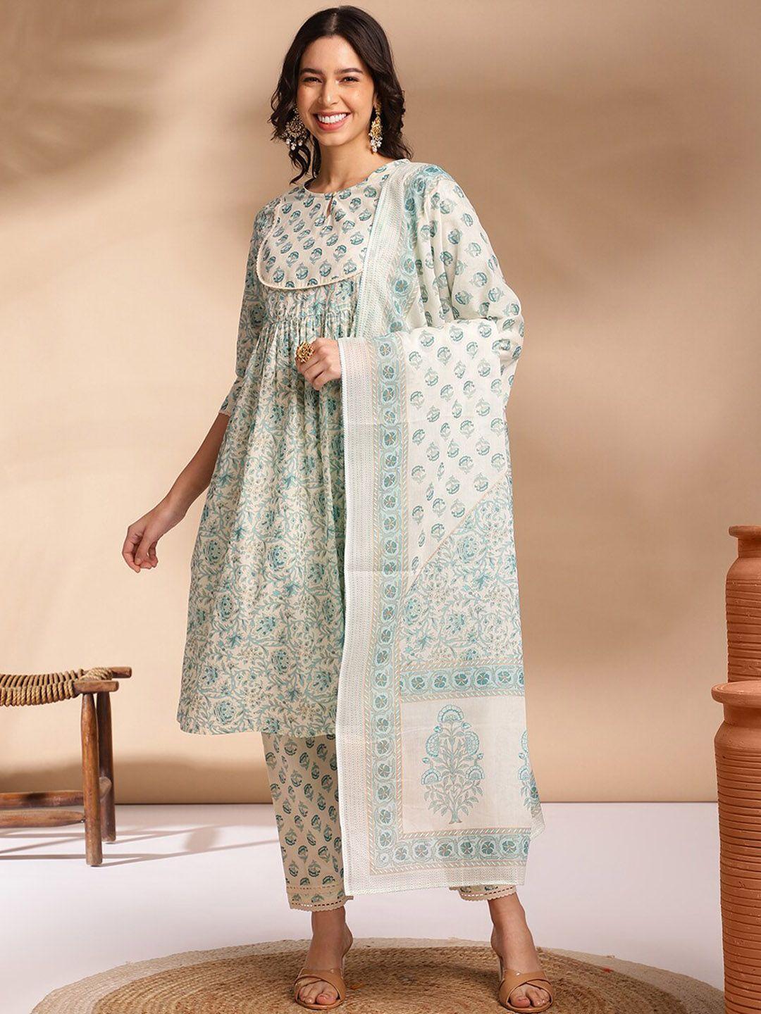 anouk women ethnic motifs printed empire pure cotton kurta with trousers & with dupatta