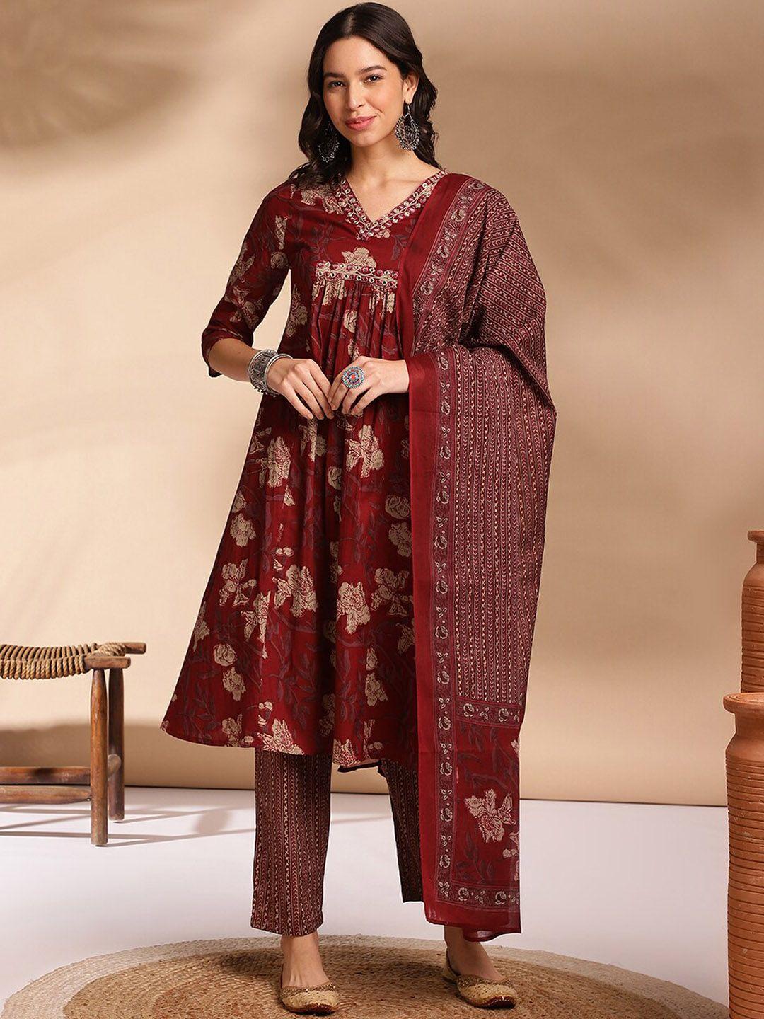 anouk women ethnic motifs printed empire gotta patti pure cotton kurta with trousers & with dupatta