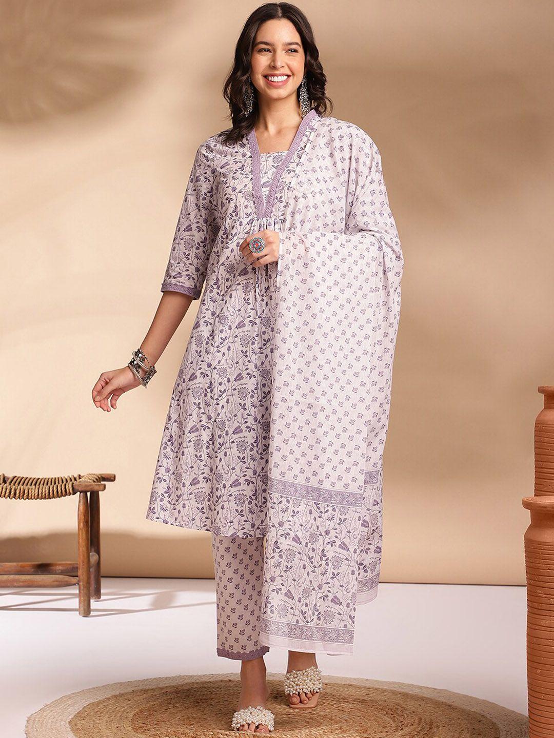 anouk women floral printed empire pure cotton kurta with trousers & with dupatta