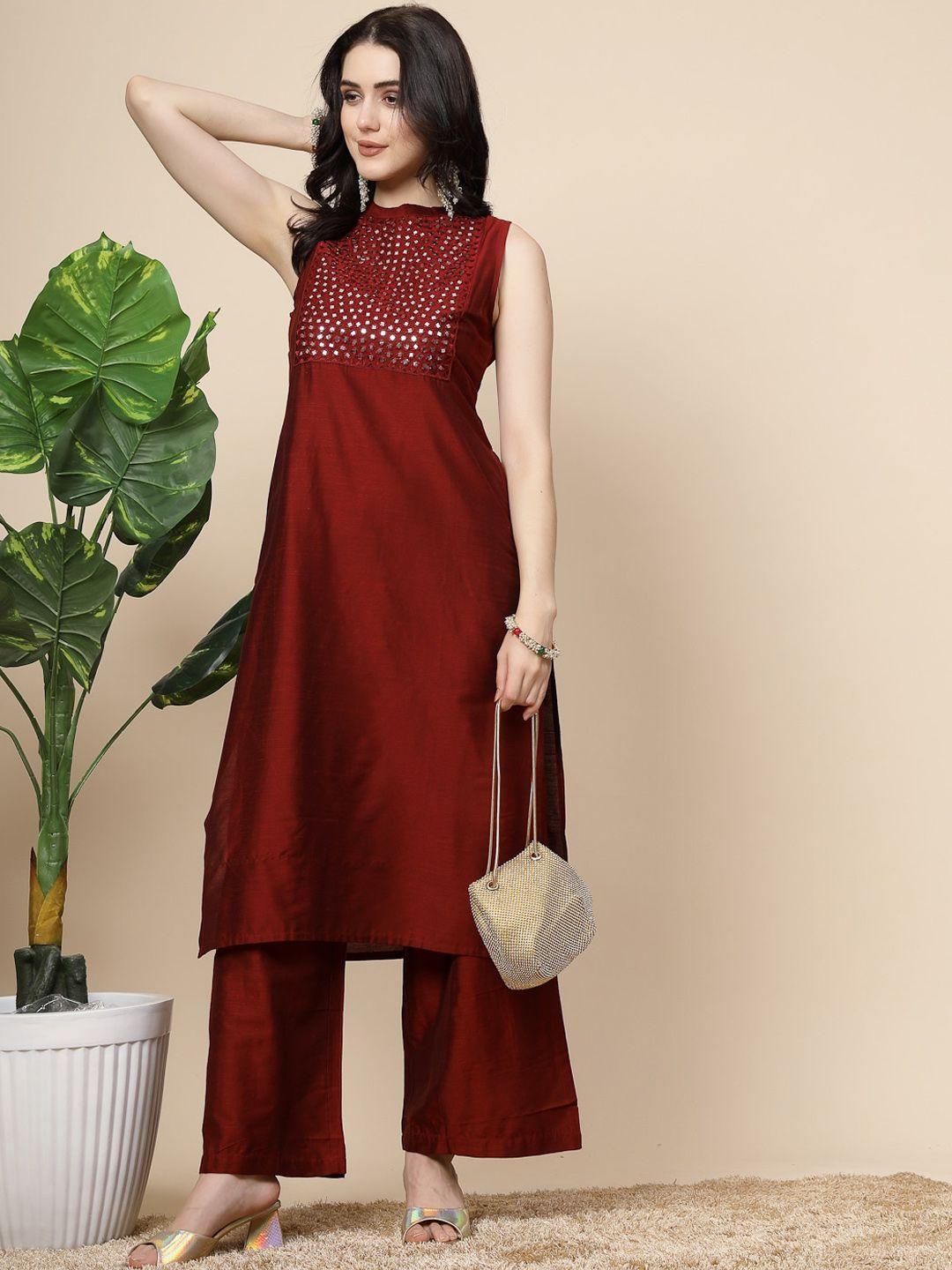 sangria mirror work sleeveless kurta set