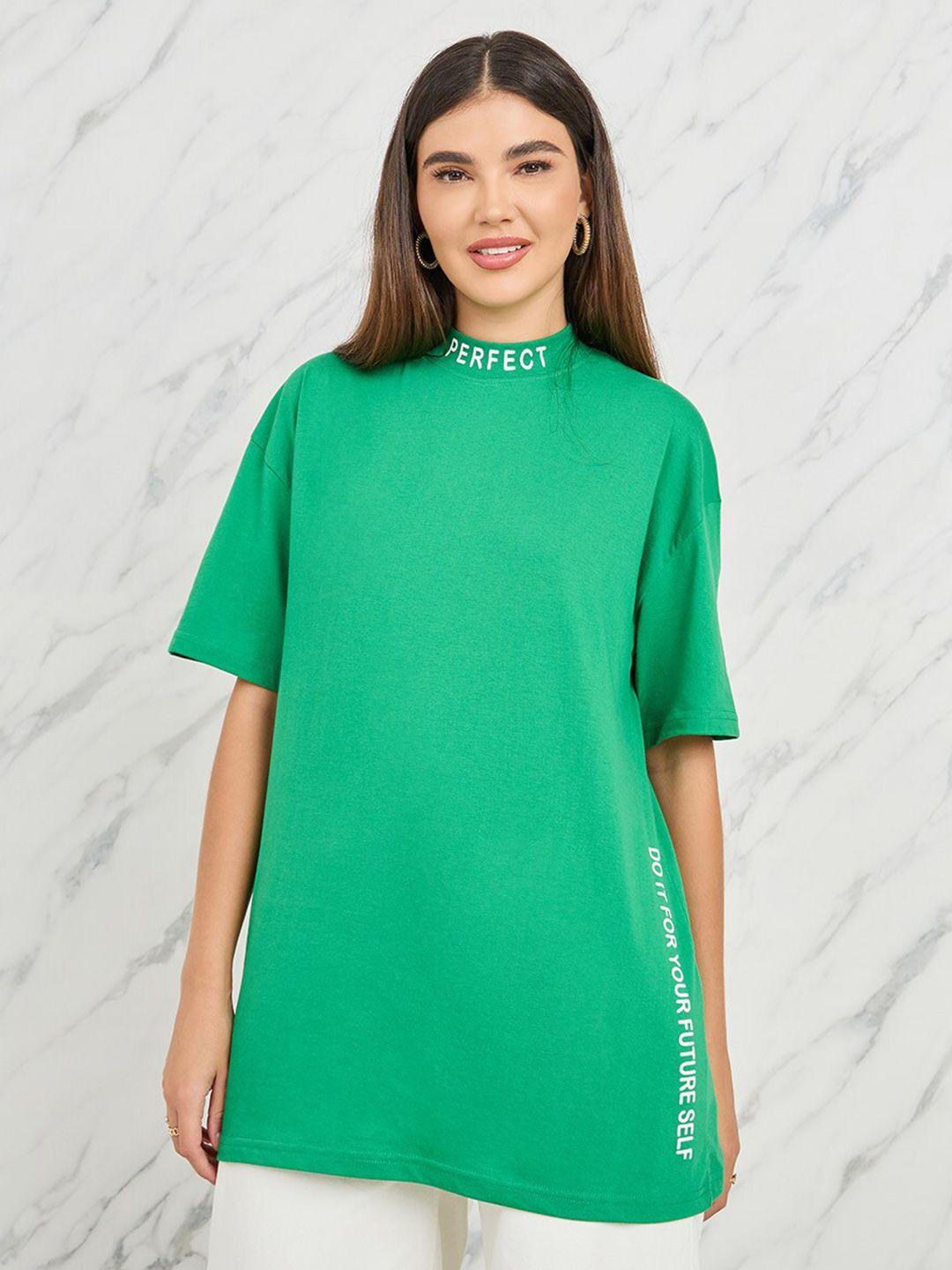 styli green typography printed longline oversized t-shirt