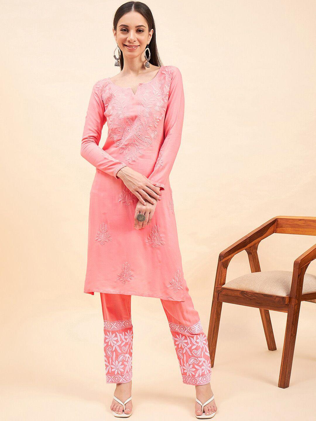 kalini women floral embroidered regular thread work pure cotton kurta with trousers