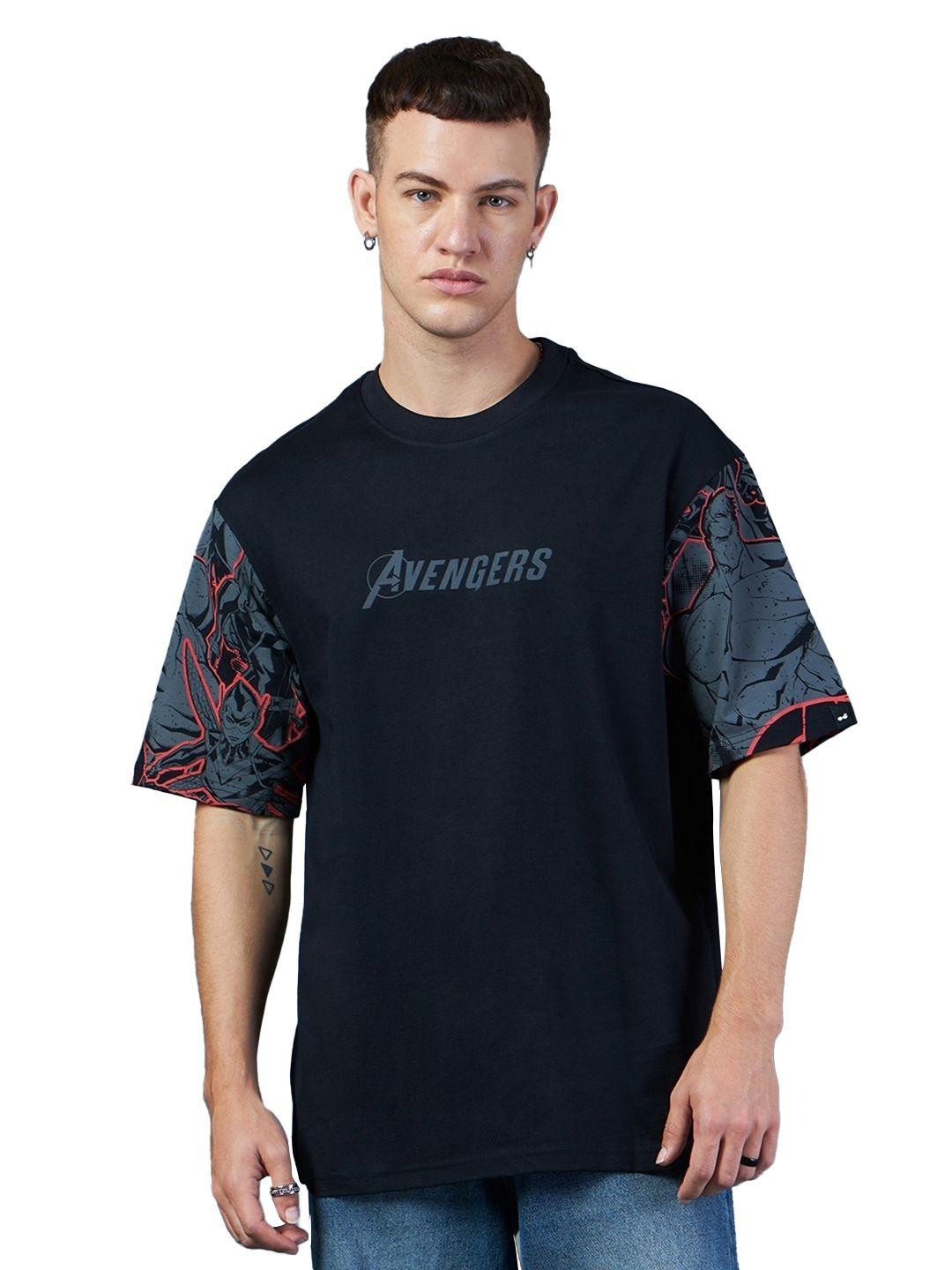 bewakoof black avengers printed round neck cotton oversized t-shirt