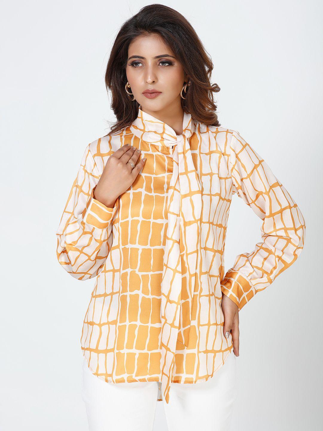 mrutbaa geometric printed tie-up neck cuffed sleeves satin top