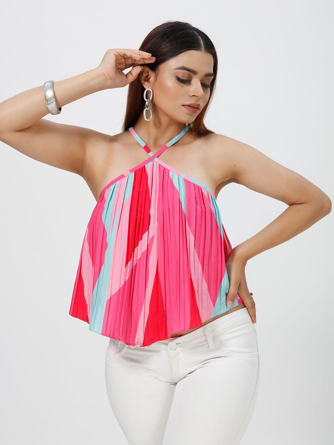 mrutbaa abstract printed halter neck accordion pleated a-line top