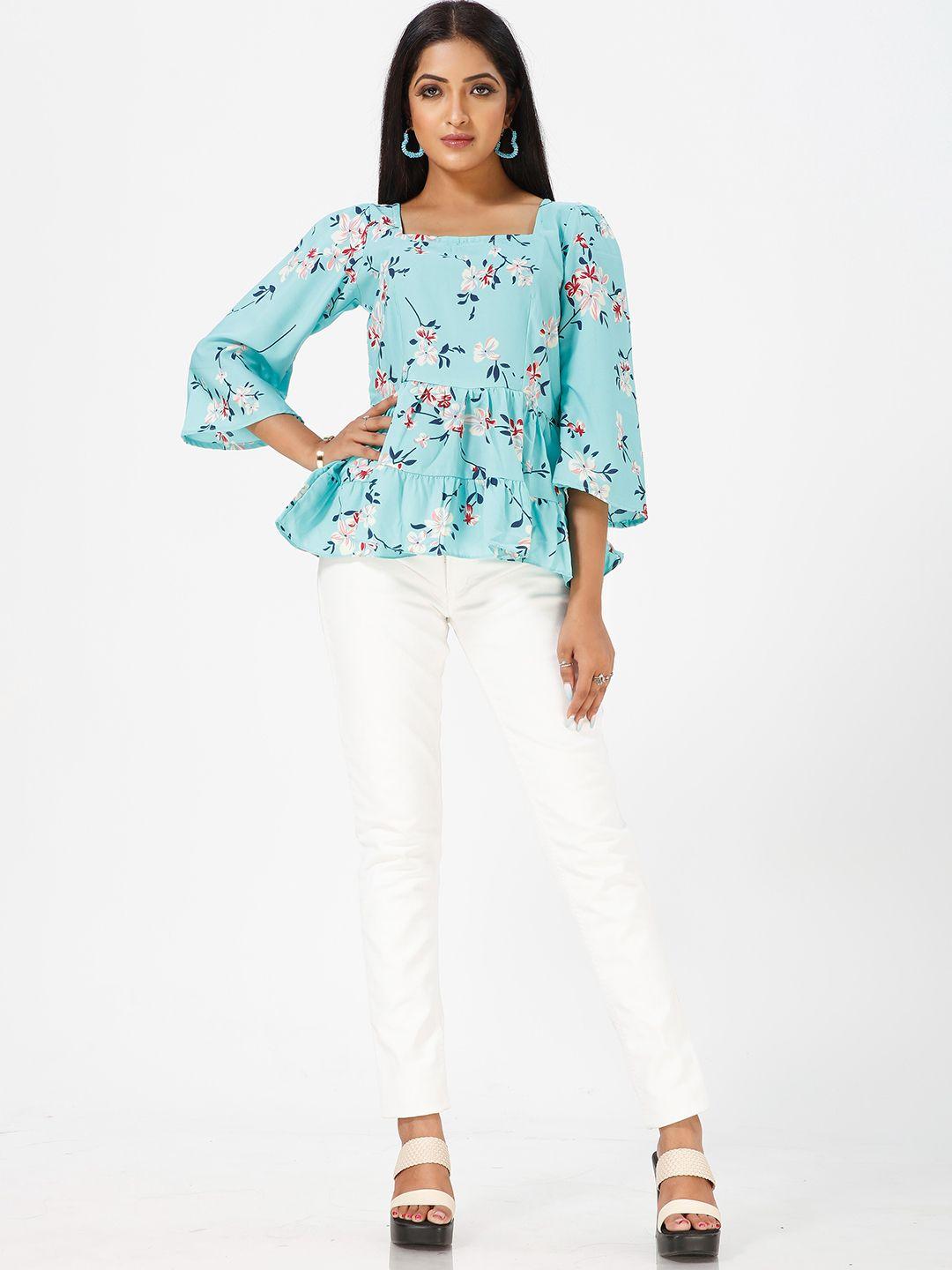 mrutbaa floral printed square neck flared sleeves gathered detailed peplum top