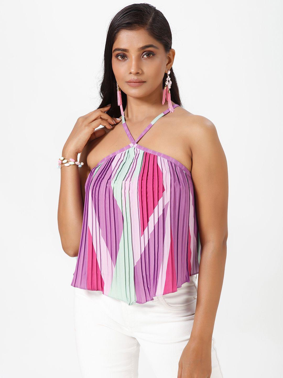 mrutbaa abstract printed halter neck accordion pleated a-line top