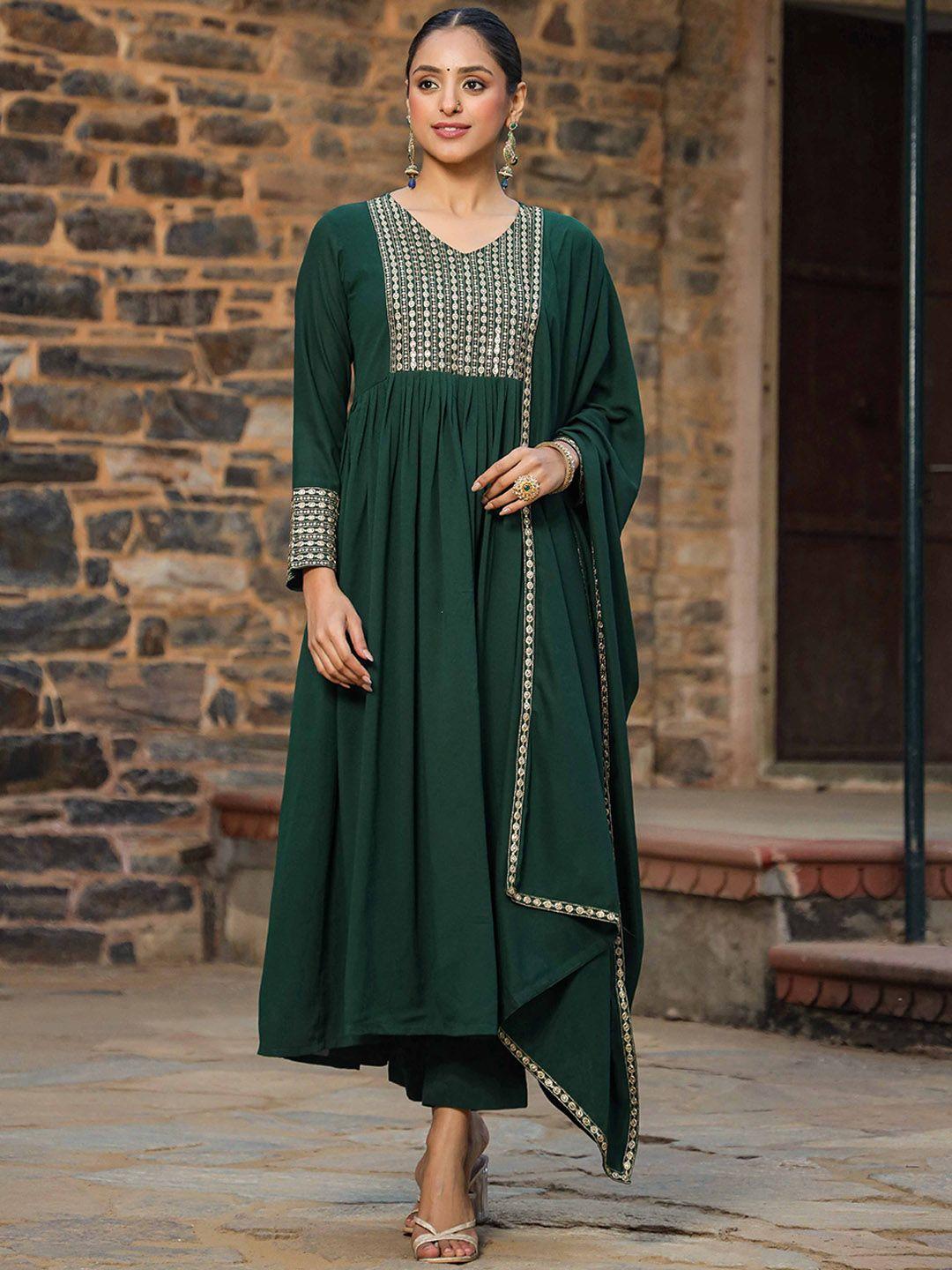 kalini floral yoke design sequinned a-line kurta with trousers & dupatta