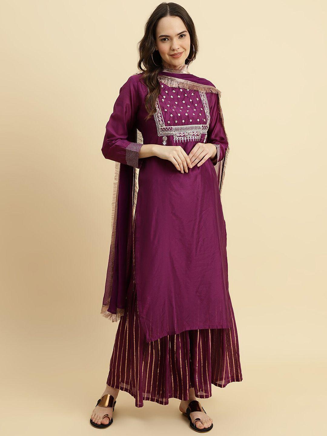 kalini women floral embroidered regular chanderi silk kurta with sharara & with dupatta