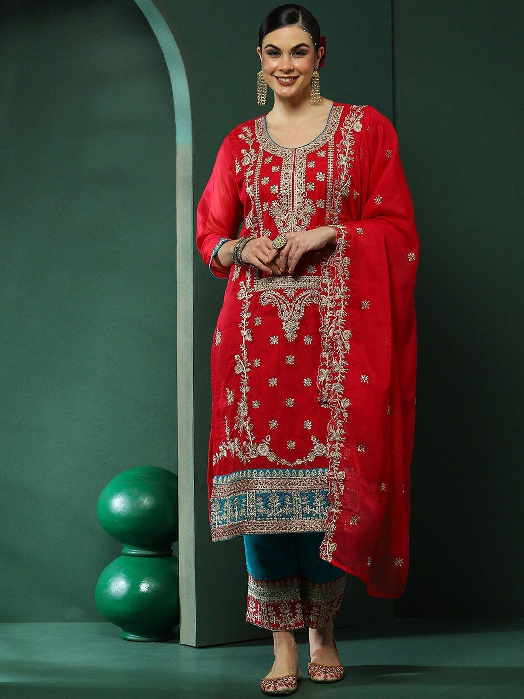 aks couture ethnic motifs embroidered regular thread work kurta with trousers & dupatta