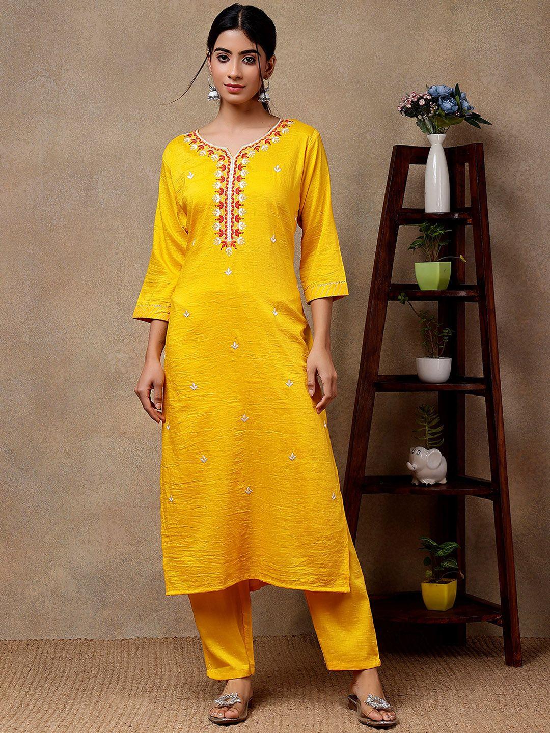 j.kanji women floral embroidered regular thread work kurta with trousers & with dupatta