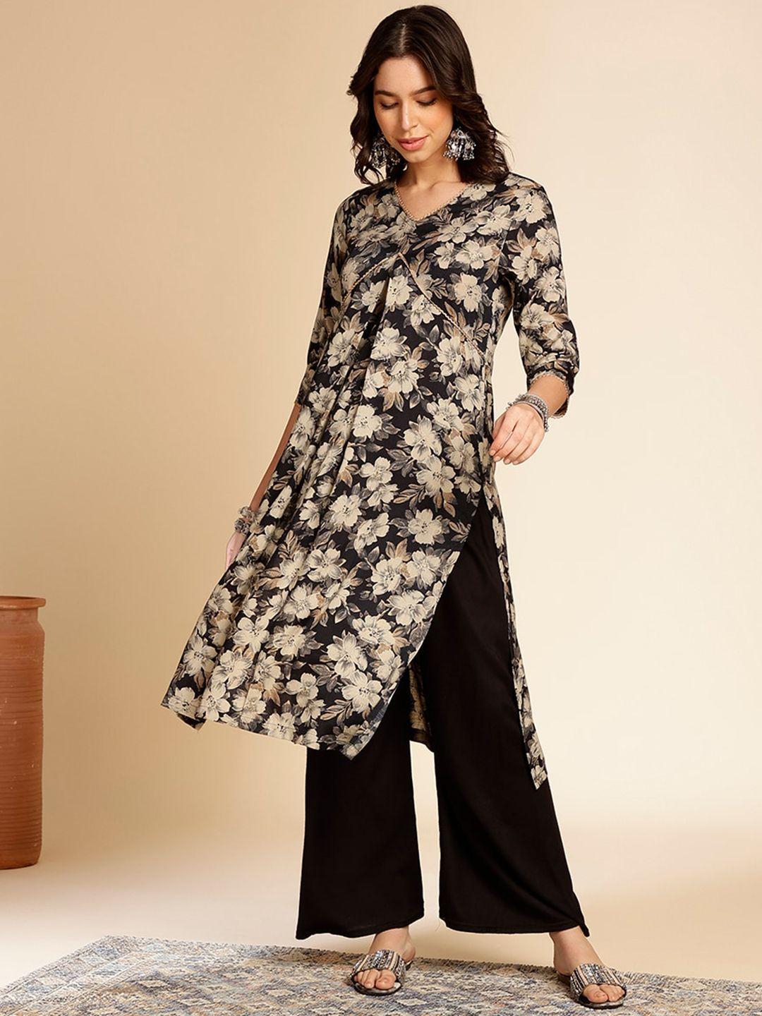 anouk black & white floral printed v-neck gotta patti straight kurta