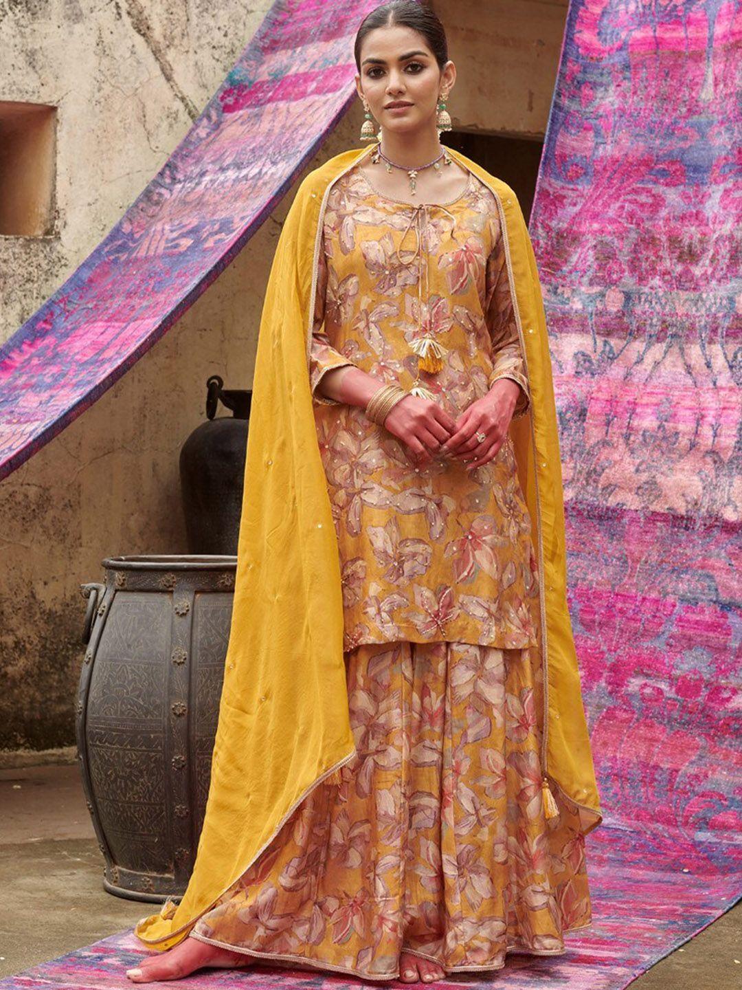 karaj jaipur floral embroidered gotta patti straight kurta with sharara & dupatta