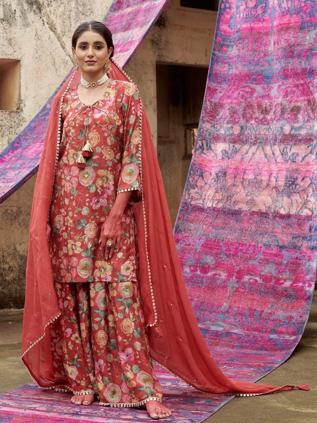 karaj jaipur women floral embroidered regular kurta with trousers & with dupatta