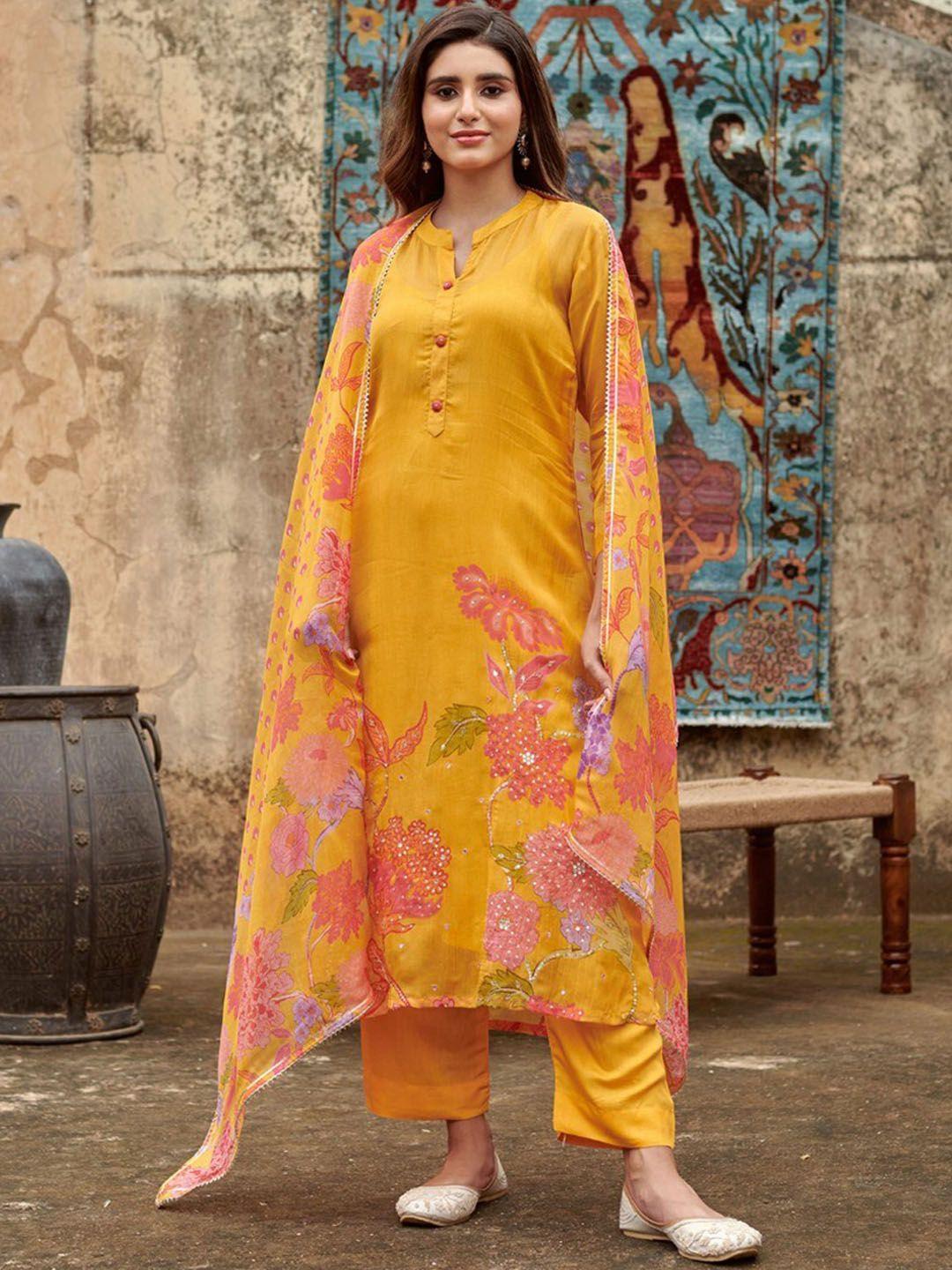 karaj jaipur women floral embroidered regular kurta with palazzos & with dupatta