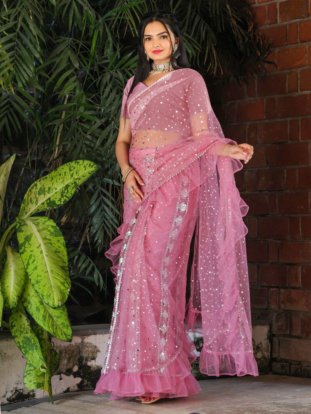 tikhi imli embellished mirror work net saree