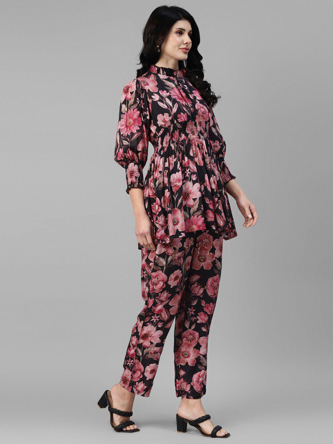 deebaco floral-printed high-neck peplum top with trousers co-ords